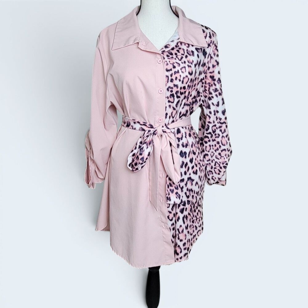 SHEIN Pink/Black Leopard Print Button Down Long Shirt XL Belted Long Sleeve